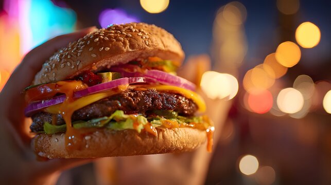 Person holds gourmet cheeseburger with melted sauce and fresh vegetables against a blurred night background
