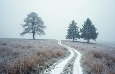 Winter landscape with frosted grass and trees beside a snowy path. A lone deciduous tree stands on left. Two fir trees rise on the right. Sky is overcast and foggy. Path winds uphill.
