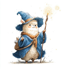 A wand-wielding llama's magical adventure in a whimsical enchanted forest