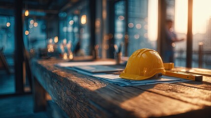 Yellow Safety Helmet On Wooden Table With Architectural Plans