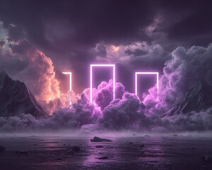 Neon Glowing Portals Through Cloudscape