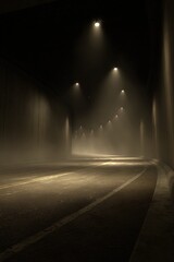 Dark Foggy Tunnel At Night With Street Lamps