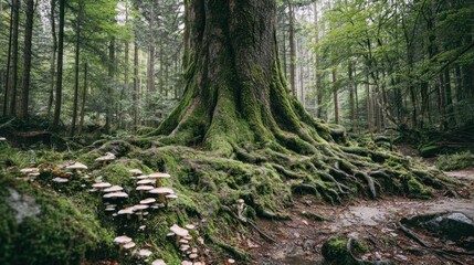 Giant tree roots in lush forest
