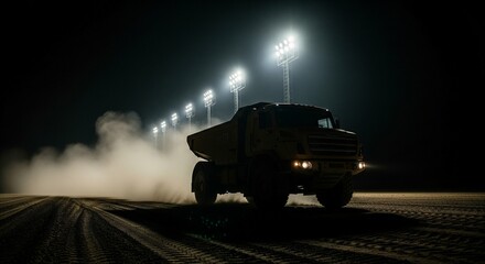 Heavy Duty Dump Truck Working at Night on Dusty Construction Site