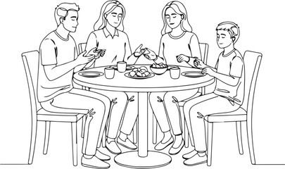  Line Art Illustration of a Family Praying Together Before a Meal, Symbolizing Gratitude, Blessings, and Mindful Eating at the Dining Table