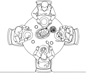 Continuous Line Drawing of a Group Dinner Party or Family Gathering, People Eating a Meal at a Round Table, Overhead View Illustration