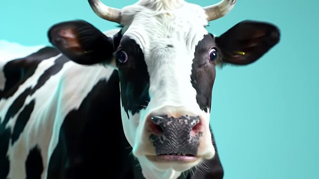 Close Up Of A Holstein Cow With Black And White Spots Open Mouth And Wide Eyes Against A Teal Studio Background