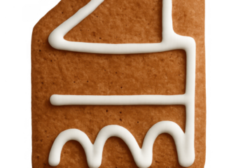 Gingerbread cookie house with white icing decoration on transparent background, representing holiday season baking and sweet treats