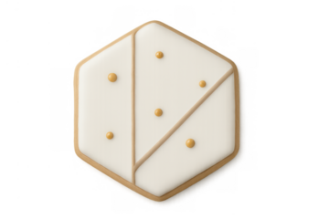 Hexagonal cookie with white royal icing and gold sprinkles, creating a minimalist dessert design on transparent background