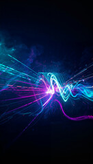 黒から群青へ緩やかに移ろう暗背景に虹色の光が湾曲して走る構成がモダンな印象を与え多用途のグラフィック土台として機能する長時間露光の縦画像. 生成AI