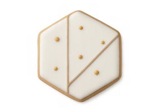 Hexagonal cookie with white royal icing and gold sprinkles, creating a minimalist dessert design on transparent background