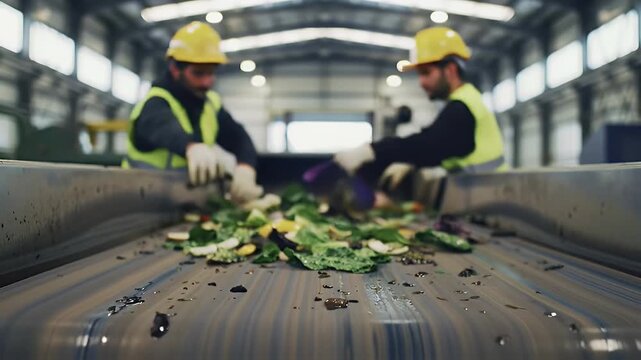 Two Workers In Yellow Hard Hats And Safety Vests Sort Recyclable Organic Waste On A Conveyor Belt In A Large Industrial