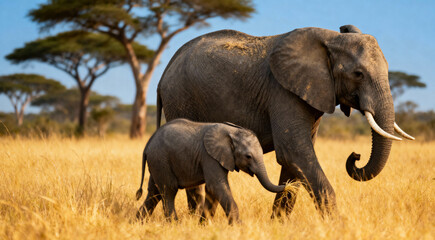 Fototapeta premium A cute little baby elephant with its mother in the savannah