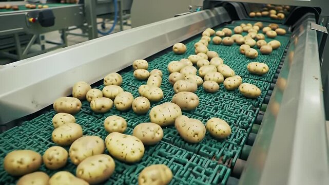 Fresh Potatoes Moving On A Green Conveyor Belt In A Food Processing Factory Under Bright Industrial Lighting