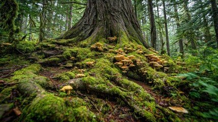 Naklejka premium Mushrooms growing under tree roots