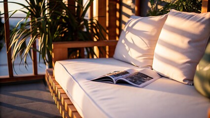 Outdoor wooden daybed with white cushions and open magazine in the warm sunlight