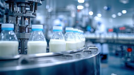 Milk Bottles On Conveyor Belt In Modern Dairy Factory
