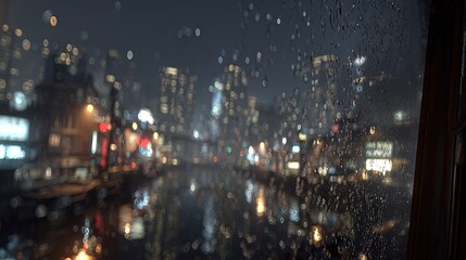 Rainy Night Cityscape Through Window