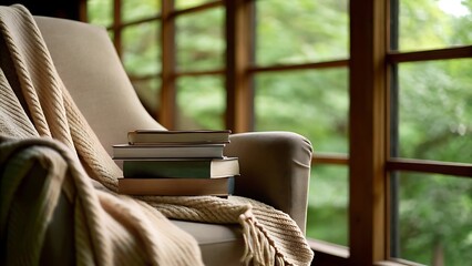 A cozy armchair with a blanket and books near a window overlooking green trees outside