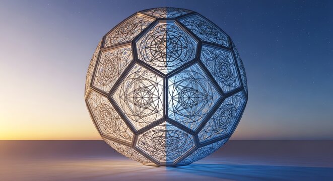 Abstract Geodesic Sphere with Intricate Sacred Geometry Patterns at Twilight