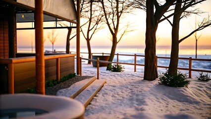 Snowy landscape with wooden structures and trees at sunset near a calm body of water