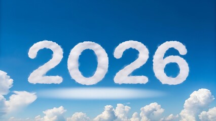 The year twenty twenty six formed by clouds floating in a bright blue sky backdrop