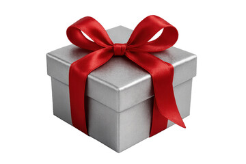Obraz premium Silver gift box tied with red ribbon for celebration, anniversary, birthday, christmas, or holiday giving