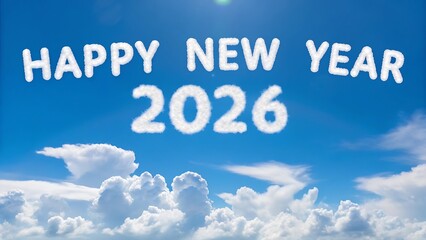 Happy new year cloud text floating in a blue sky with white clouds below it view