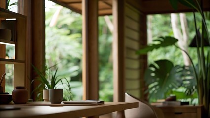 A cozy interior with wooden furniture and lush greenery visible through the windows