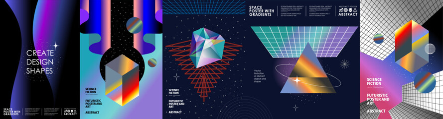 Naklejka na ściany i meble Futuristic gradient poster designs with abstract geometric shapes, collage, Science fiction, 3D cubes, space, pyramids, and sci-fi backgrounds. Modern art style for design fairs, exhibition, poster  Naklejka na ściany i meble Futuristic gradient poster designs with abstract geometric shapes, collage, Science fiction, 3D cubes, space, pyramids, and sci-fi backgrounds. Modern art style for design fairs, exhibition, poster