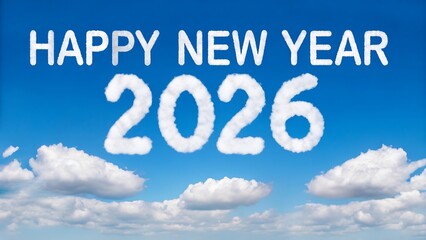 Happy new year greeting with cloud text for year two thousand twenty six in blue sky