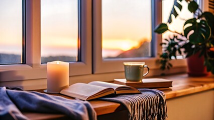 Cozy window scene with book, candle, coffee, blanket, and sunset in the background