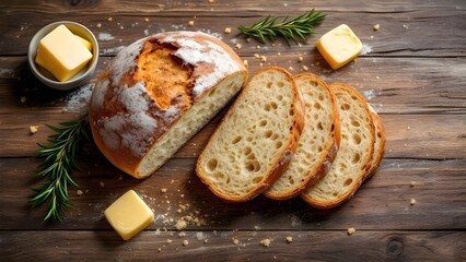 A loaf of freshly baked artisan bread sliced on a rustic wooden table with butter and rosemary.