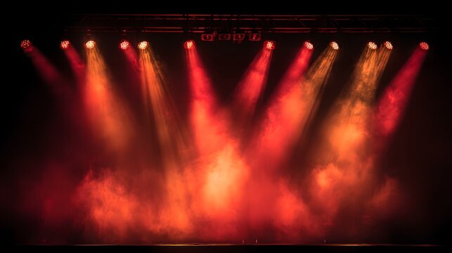 Multiple directional spotlights illuminate a dark performance area with dramatic red and orange light beams through atmospheric haze
