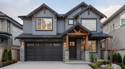 Modern craftsman style residential dwelling features gray siding and stone accents