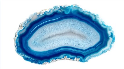 Fototapeta premium Macro slice of blue agate stone isolated on white background, natural mineral crystal pattern