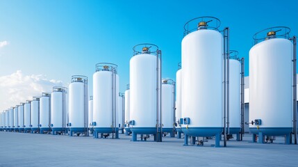 Fototapeta premium Ultra-sharp HDR view of hydrogen fuel tank system installed at clean energy facility.