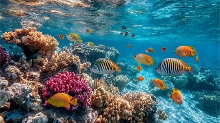 Obraz premium Vibrant tropical fish swim among diverse, colorful coral formations beneath clear blue ocean surface