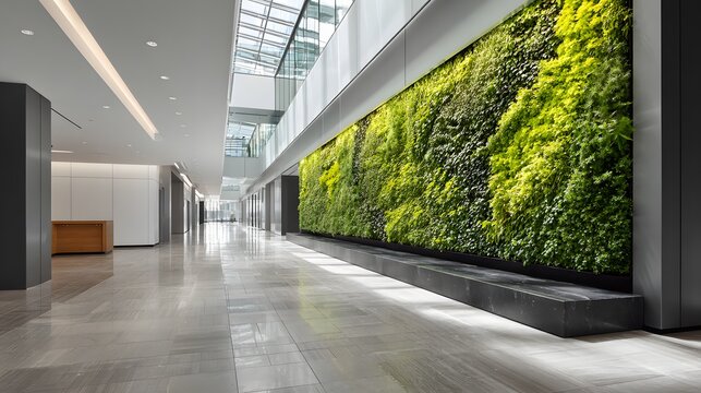 Modern corporate lobby features a striking, expansive vertical garden under a glass ceiling