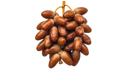 A fresh bunch of ripe brown dates hanging on a stem isolated on a transparent background for design