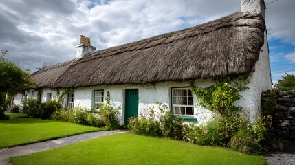 Traditional whitewashed dwelling features a thick thatched roof under a dramatic sky