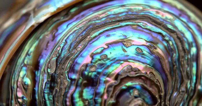Close-up of iridescent abalone shell with vibrant colors and intricate patterns.