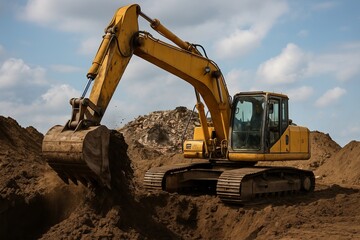 Obraz premium Crawler excavator operating on demolition site digging soil for construction and earthmoving tasks