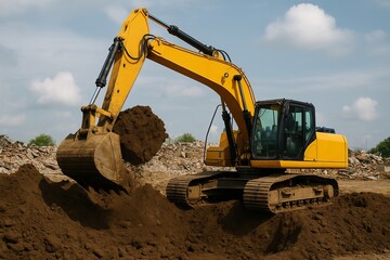 Obraz premium Crawler excavator operating on demolition site digging soil for construction and earthmoving tasks