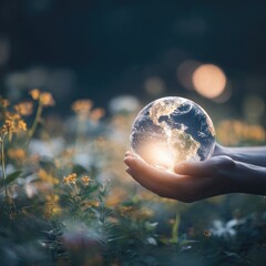 Hands Holding Glowing Earth Globe In Nature