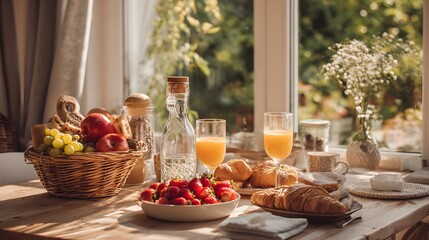 Abundant morning meal spread featuring fresh fruit and baked goods arranged near a sunlit window