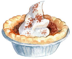 Mini pumpkin pie with whipped cream, watercolor, Thanksgiving, fall, autumn, food, dessert, traditional, 600 dpi, PNG, isolated image, clipart, clip art for Thanksgiving cards 