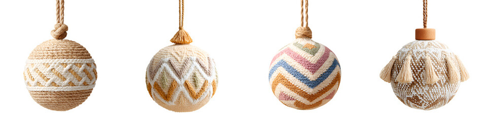 Set of Knitted Christmas Ornaments Hanging on White