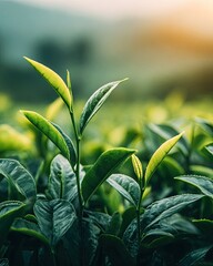 Close Up Of Lush Green Tea Leaves In Plantation