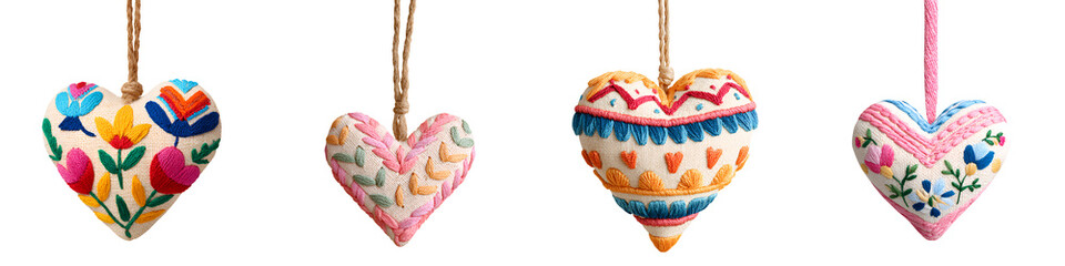 Collection of Colorful Embroidered Heart Ornaments